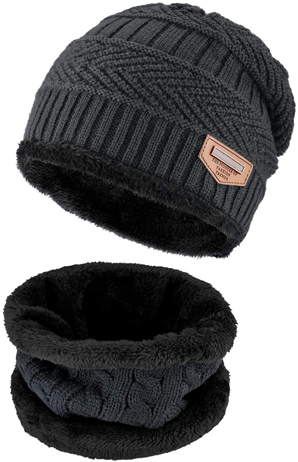 2 Piece Winter Beanie Hat & Scarf Set with Thick Lined Fleece