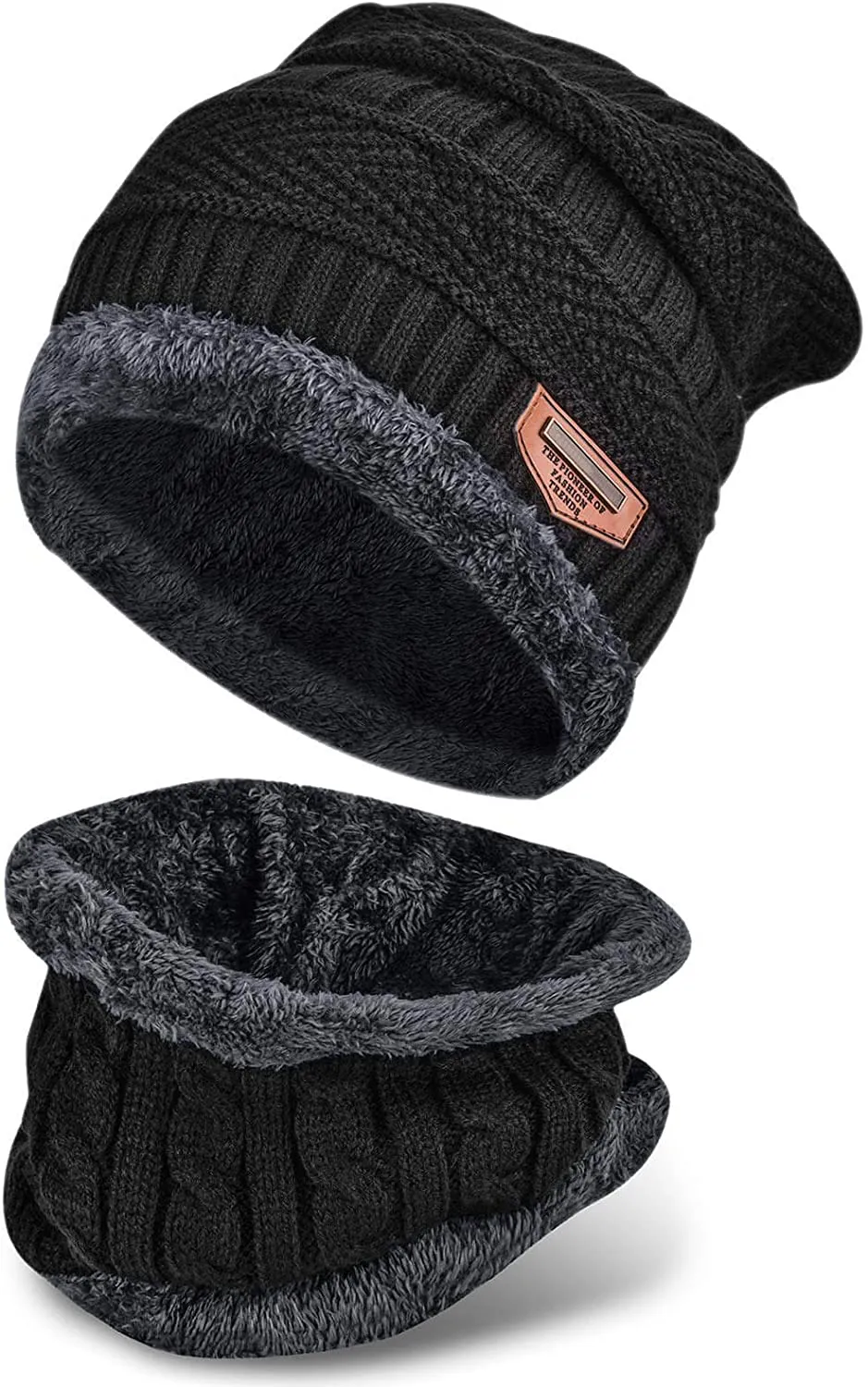 2 Piece Winter Beanie Hat & Scarf Set with Thick Lined Fleece