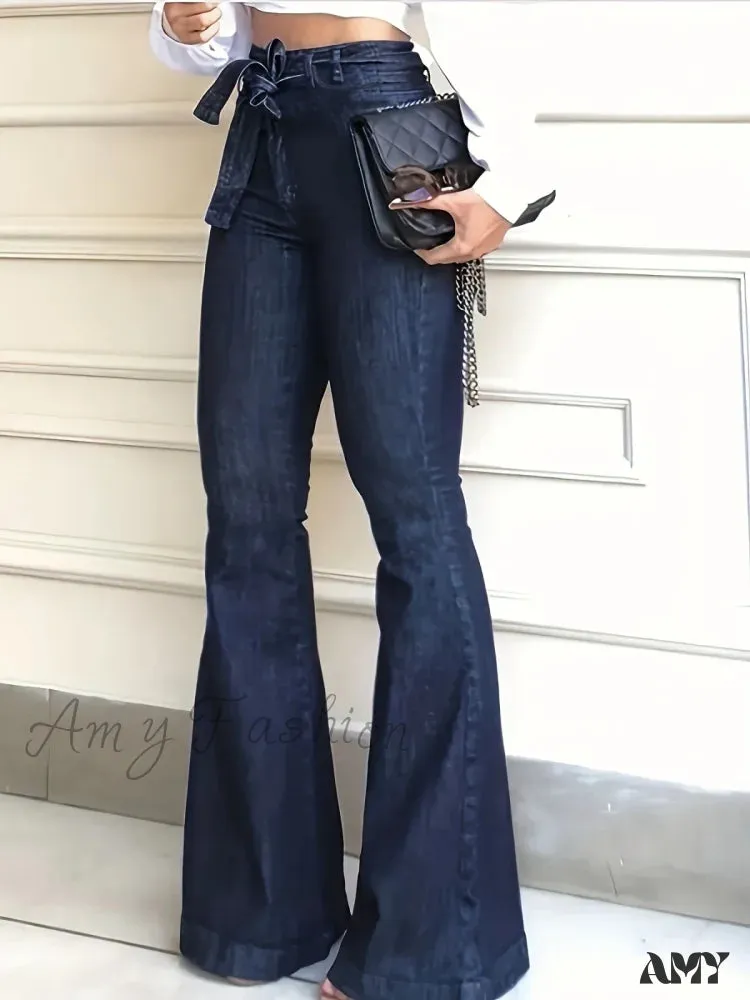 Amy Fashion - Navy Blue Flared Autumn High-Stretch With Waistband Bell Bottom Wide Legs Denim Jean