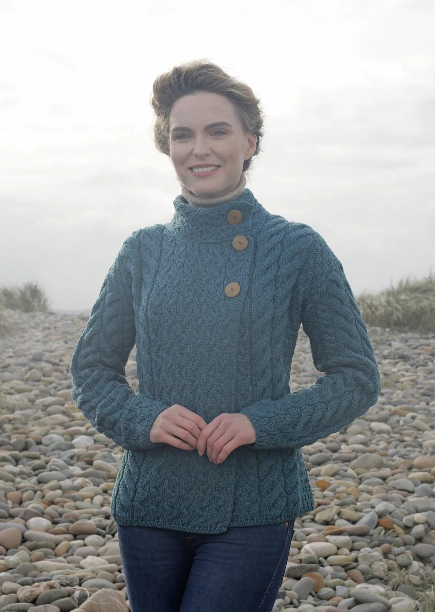 Aran 3 Buttons Trellis Cardigan | Irish Sea