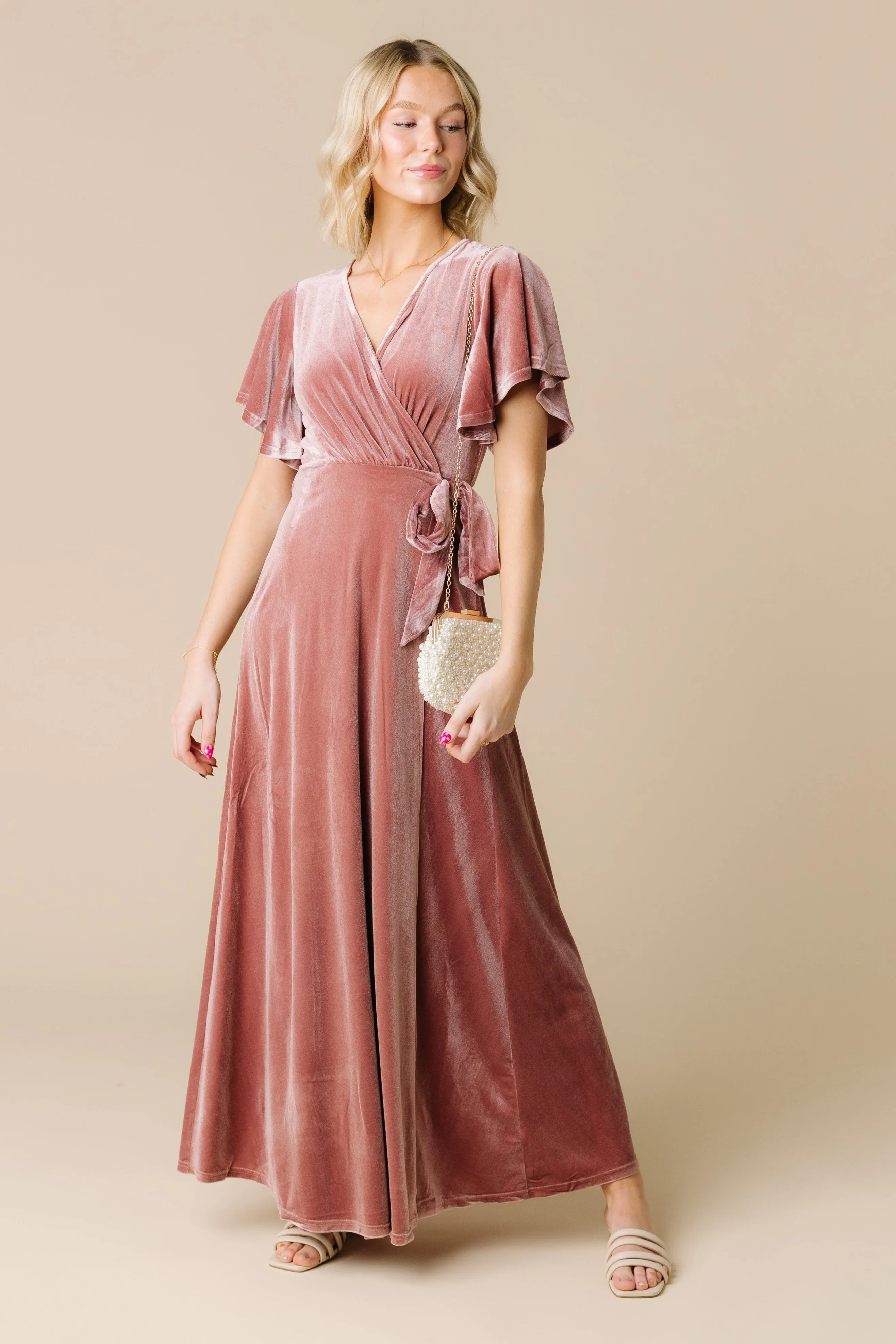 Arbor Velvet Wrap Dress- Dusty Pink