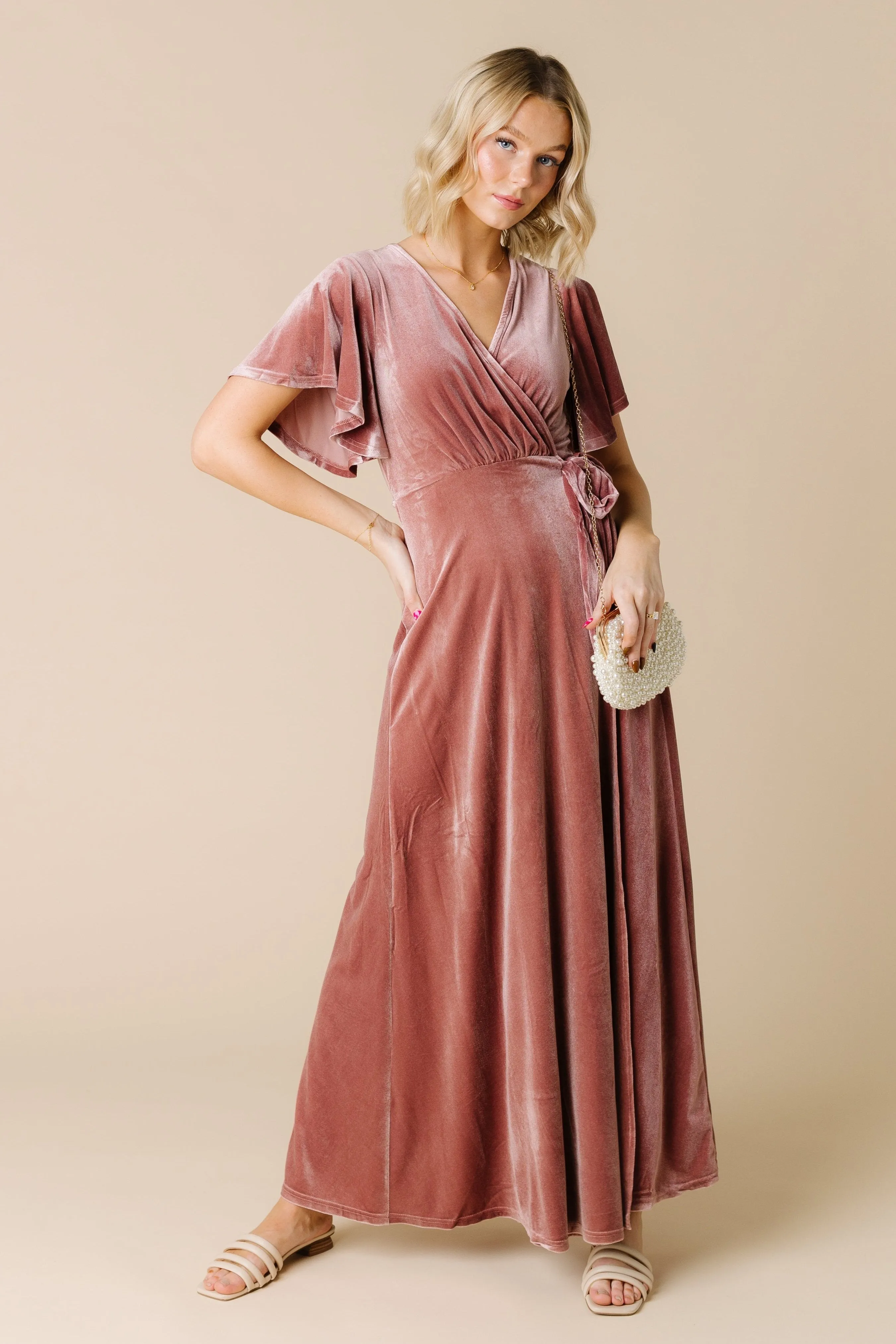 Arbor Velvet Wrap Dress- Dusty Pink