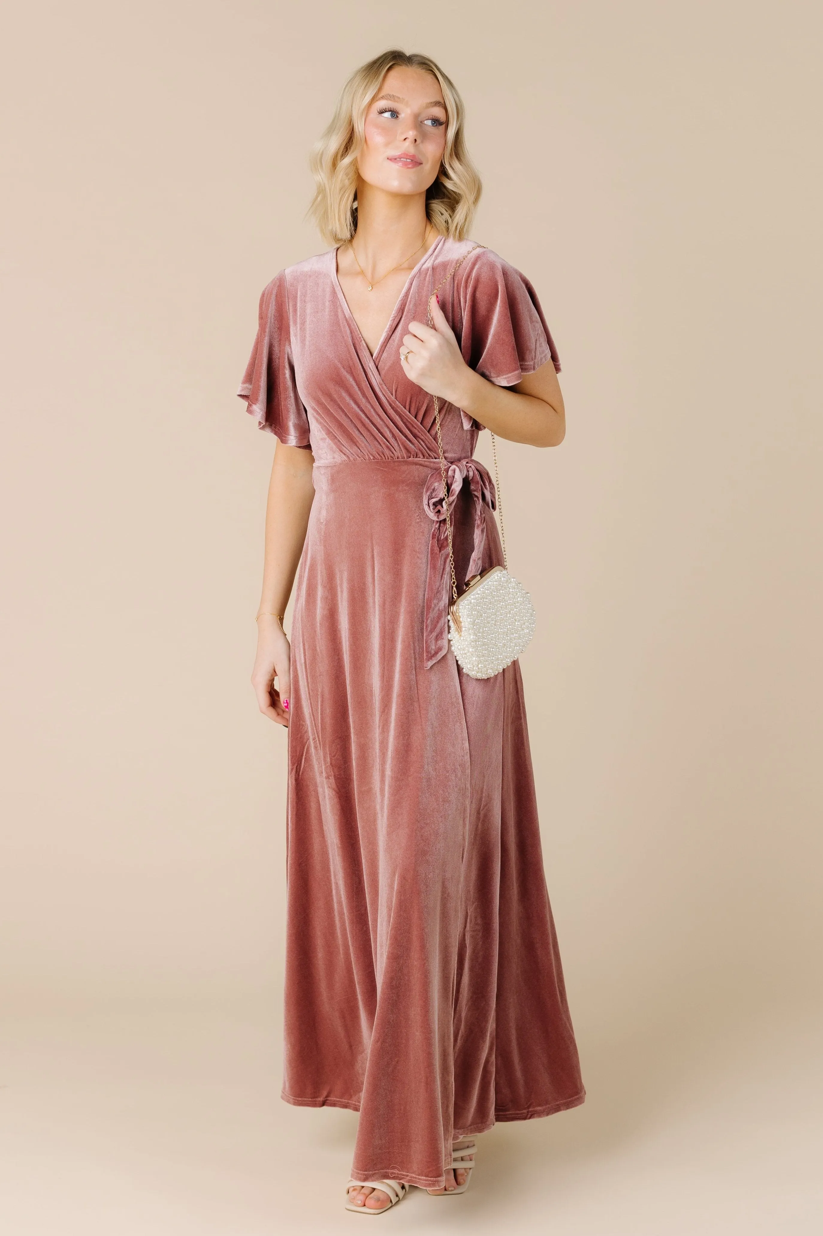 Arbor Velvet Wrap Dress- Dusty Pink