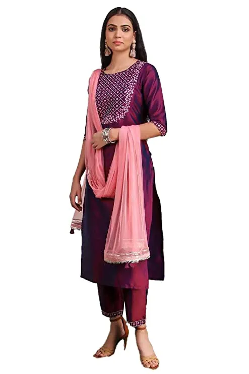 Art Silk Embroidered Kurta with Pant and Dupatta Set