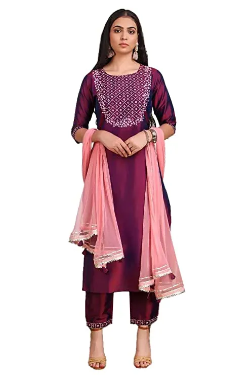 Art Silk Embroidered Kurta with Pant and Dupatta Set