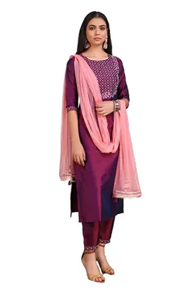 Art Silk Embroidered Kurta with Pant and Dupatta Set