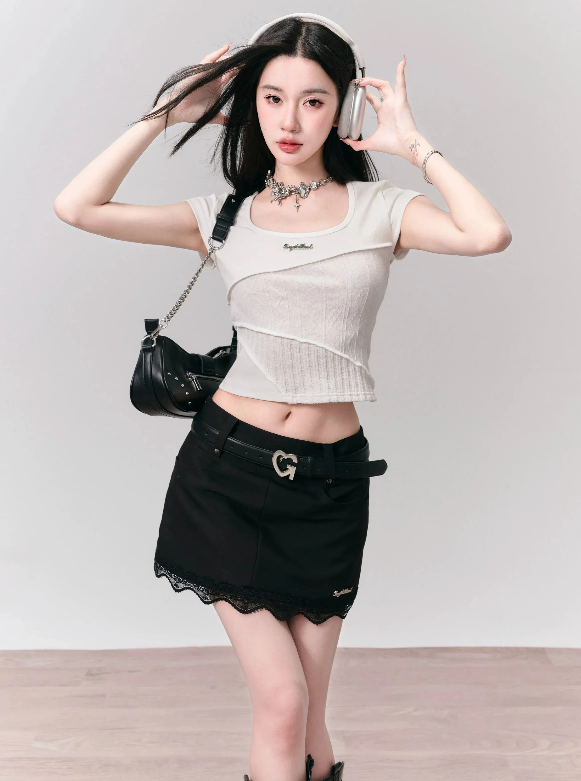 Asymmetric Layered Cropped Tee - White Ribbed Texture Short Sleeve Top