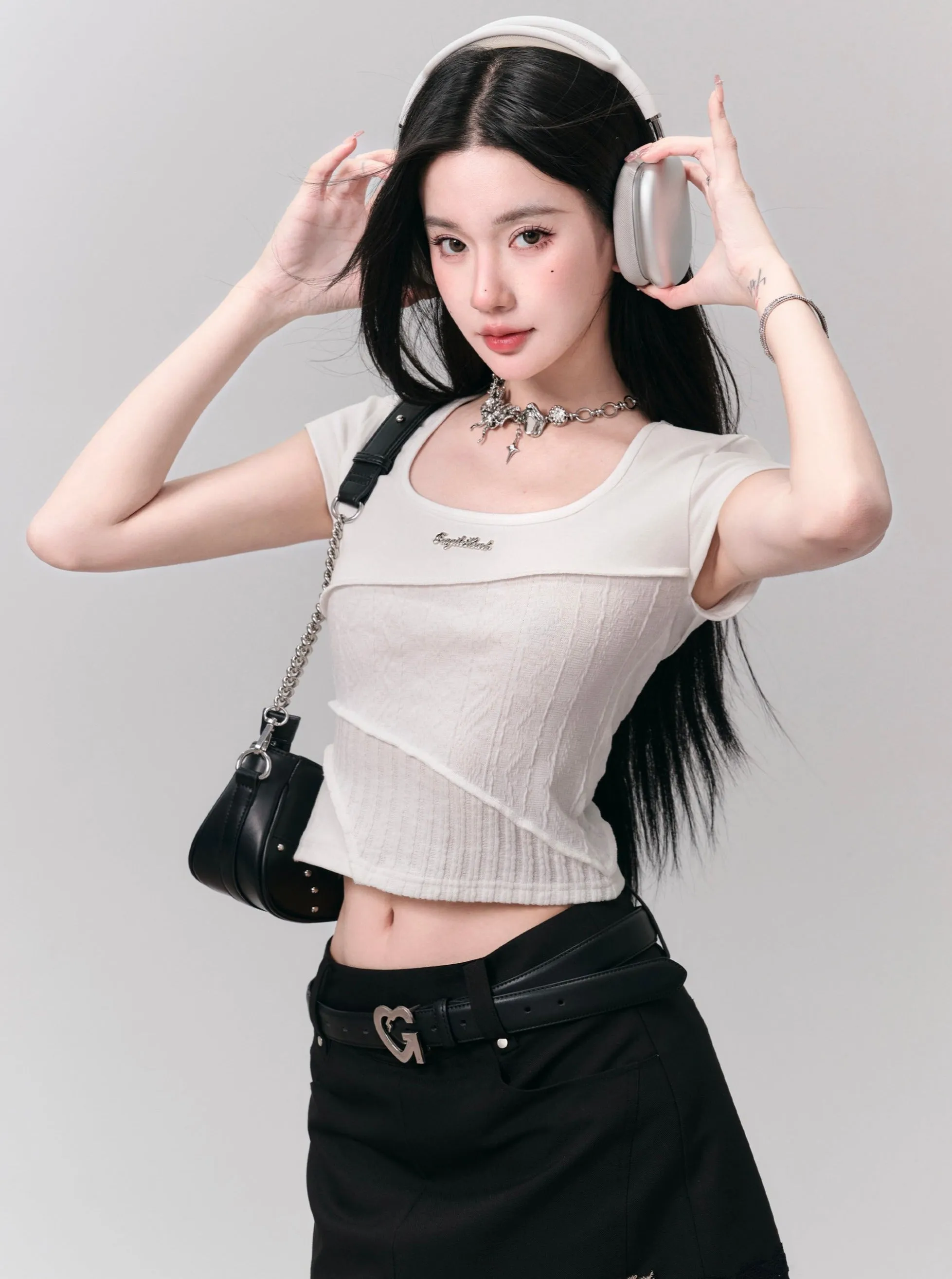 Asymmetric Layered Cropped Tee - White Ribbed Texture Short Sleeve Top