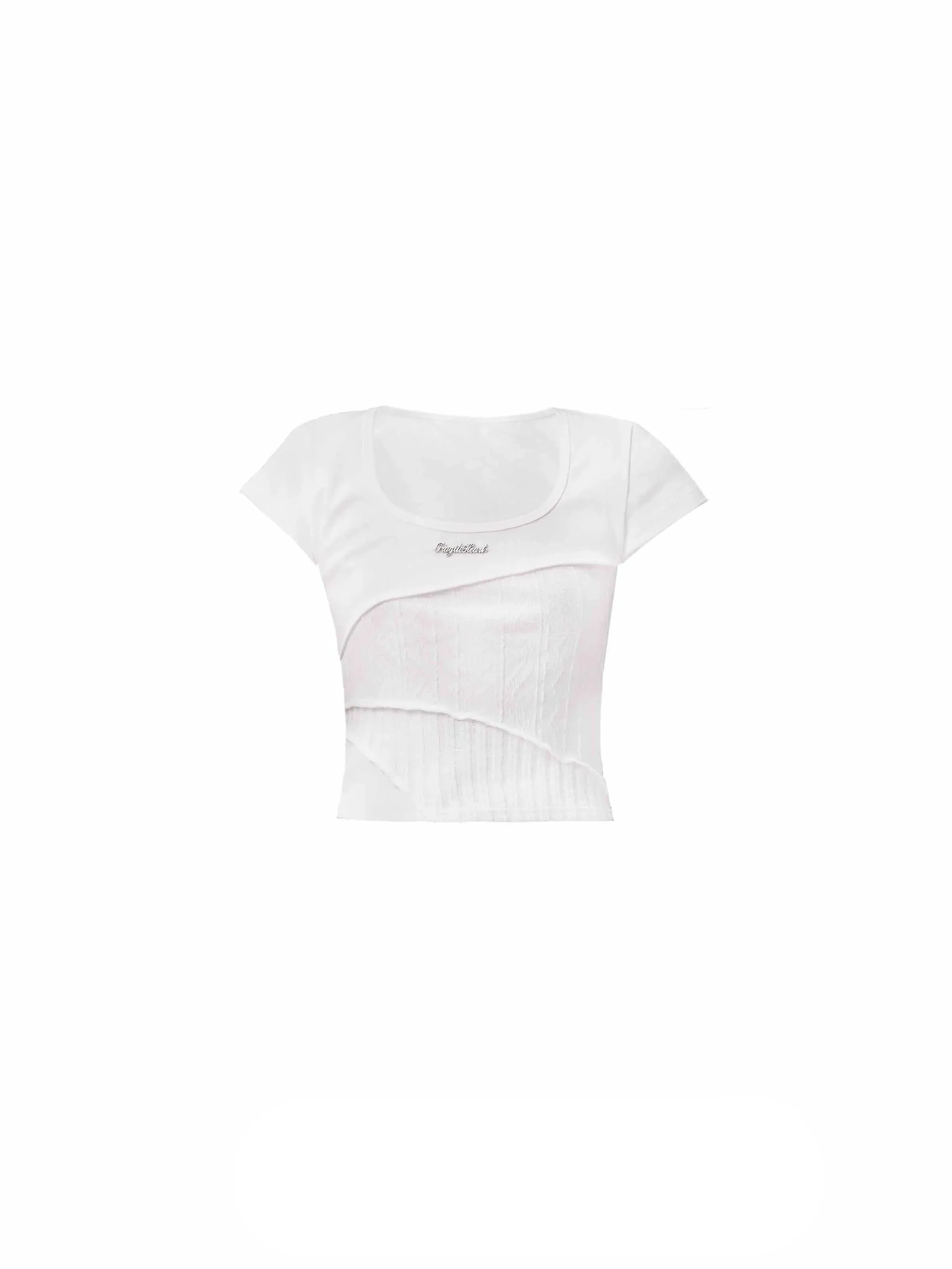 Asymmetric Layered Cropped Tee - White Ribbed Texture Short Sleeve Top