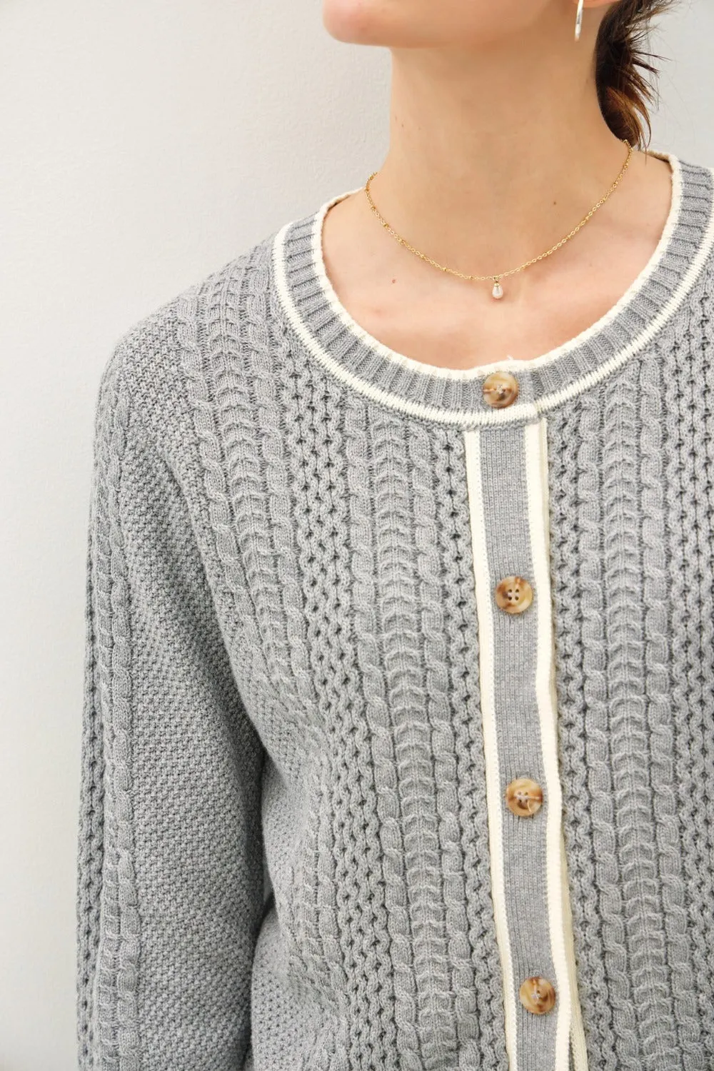 Be Cool Cable Knit Long Sleeve Contrast Edge Cardigan