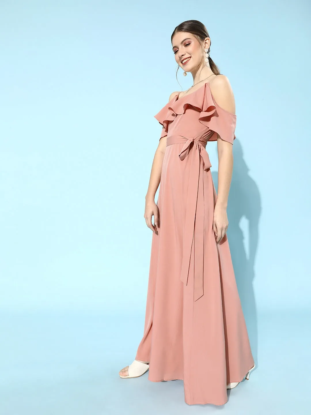 Berrylush Women Solid Pink Cold Shoulder Ruffled Maxi Dress