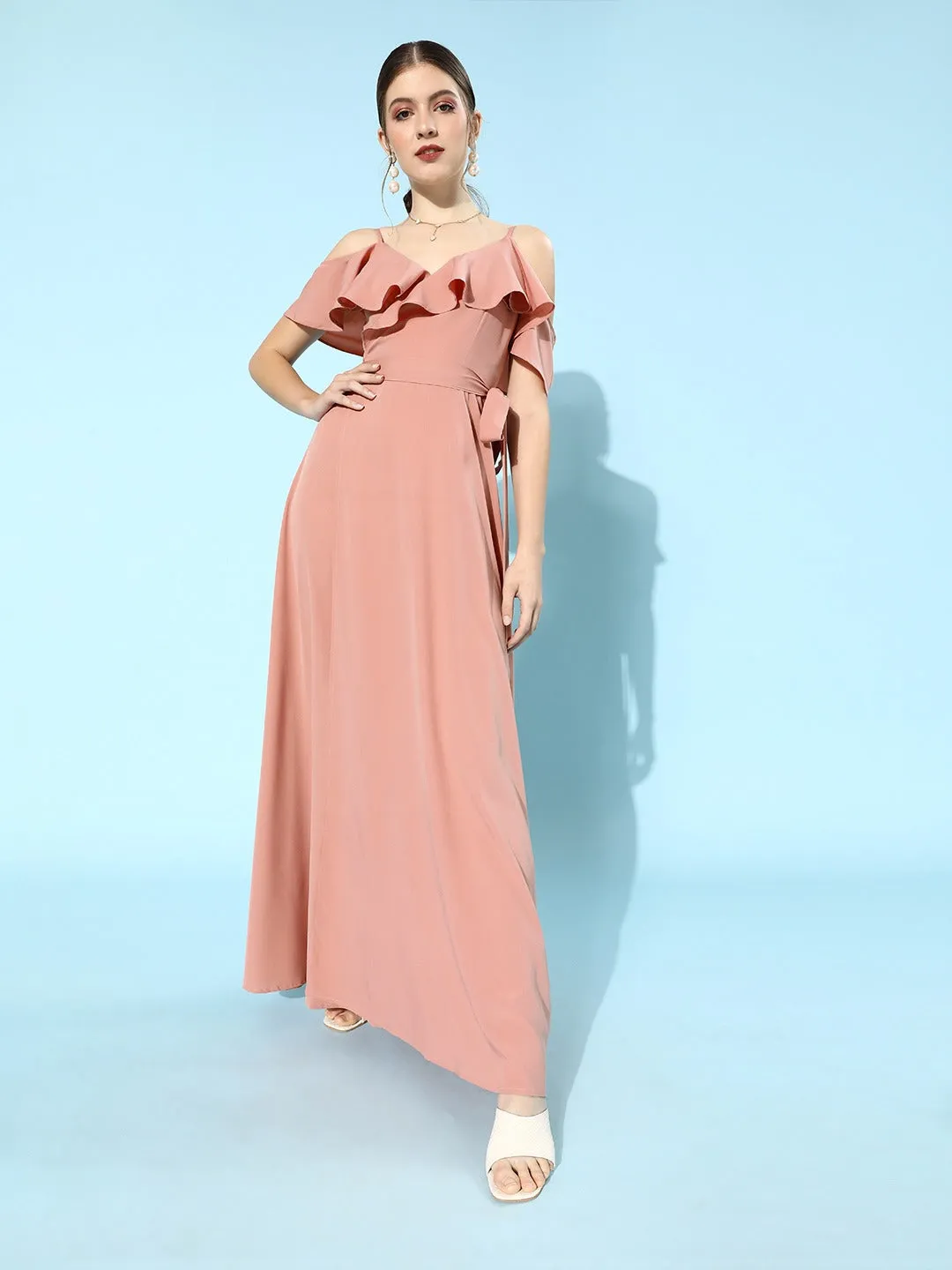 Berrylush Women Solid Pink Cold Shoulder Ruffled Maxi Dress