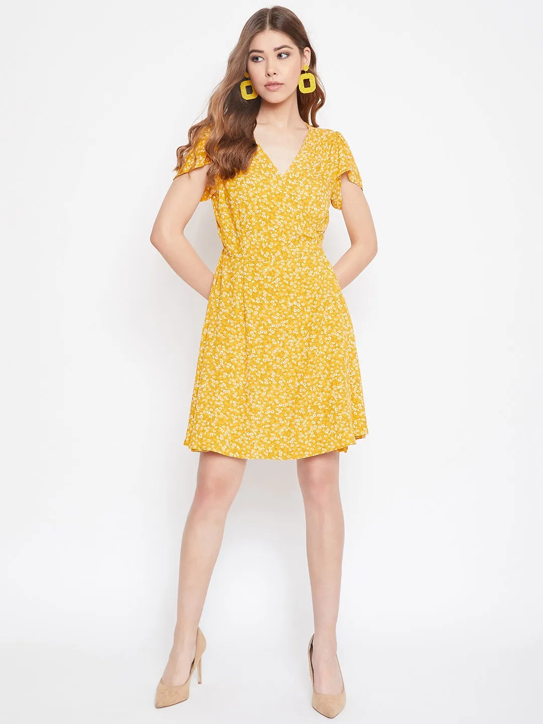 Berrylush Women Yellow Floral Printed A-Line Wrap Mini Dress