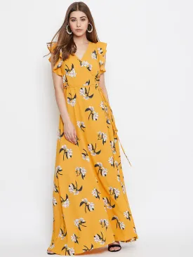 Berrylush Women Yellow Floral Printed V-Neck Thigh-High Slit Flared Wrap Maxi Dress