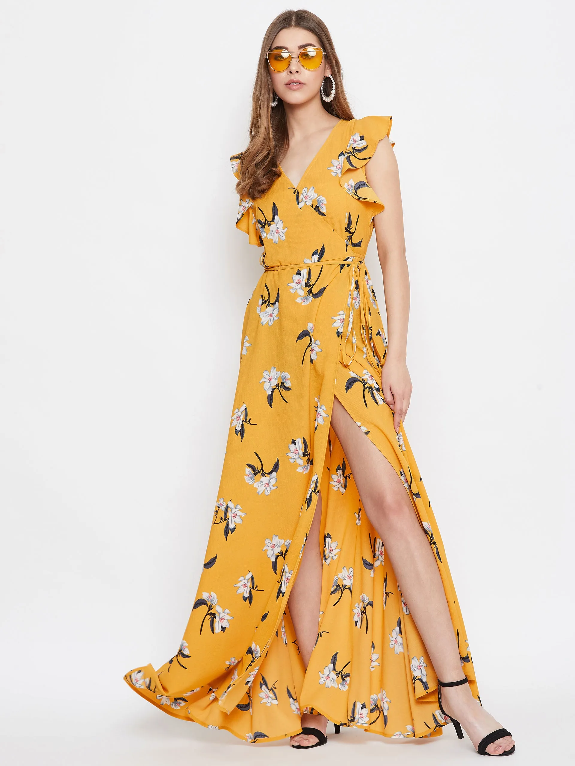 Berrylush Women Yellow Floral Printed V-Neck Thigh-High Slit Flared Wrap Maxi Dress