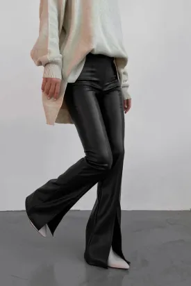 Black Front Split Hem Flare Leather Pants