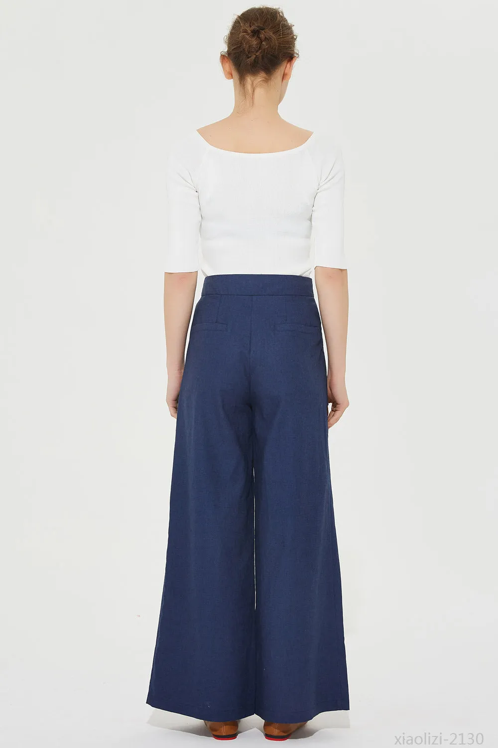 blue wide leg linen pant, palazzo linen pant 2130#