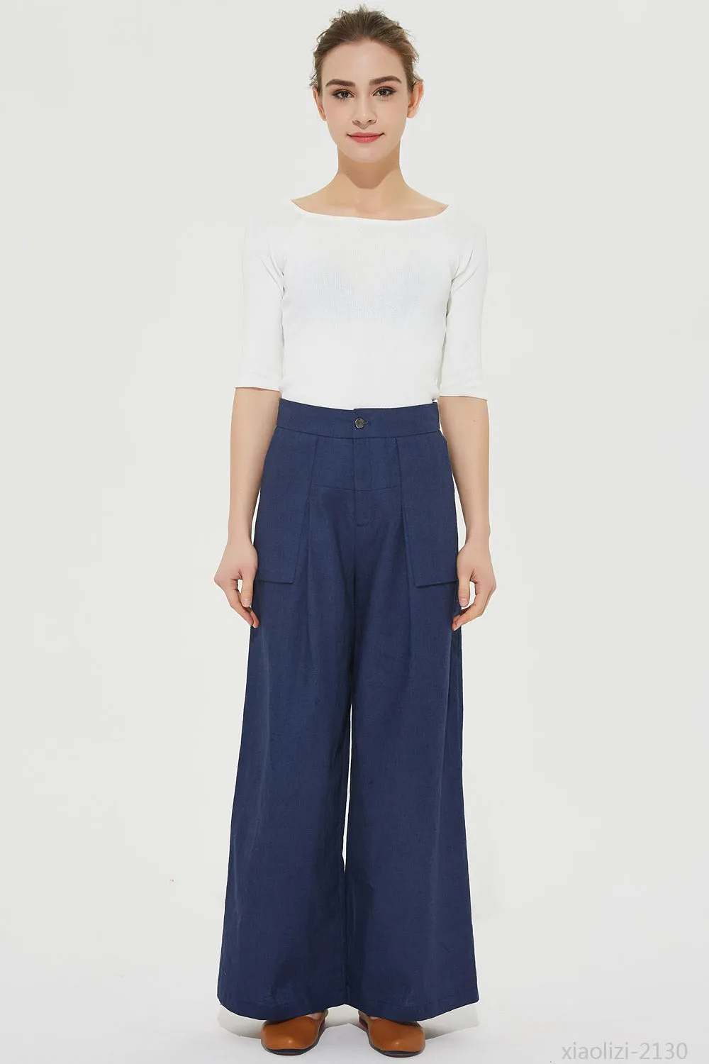 blue wide leg linen pant, palazzo linen pant 2130#