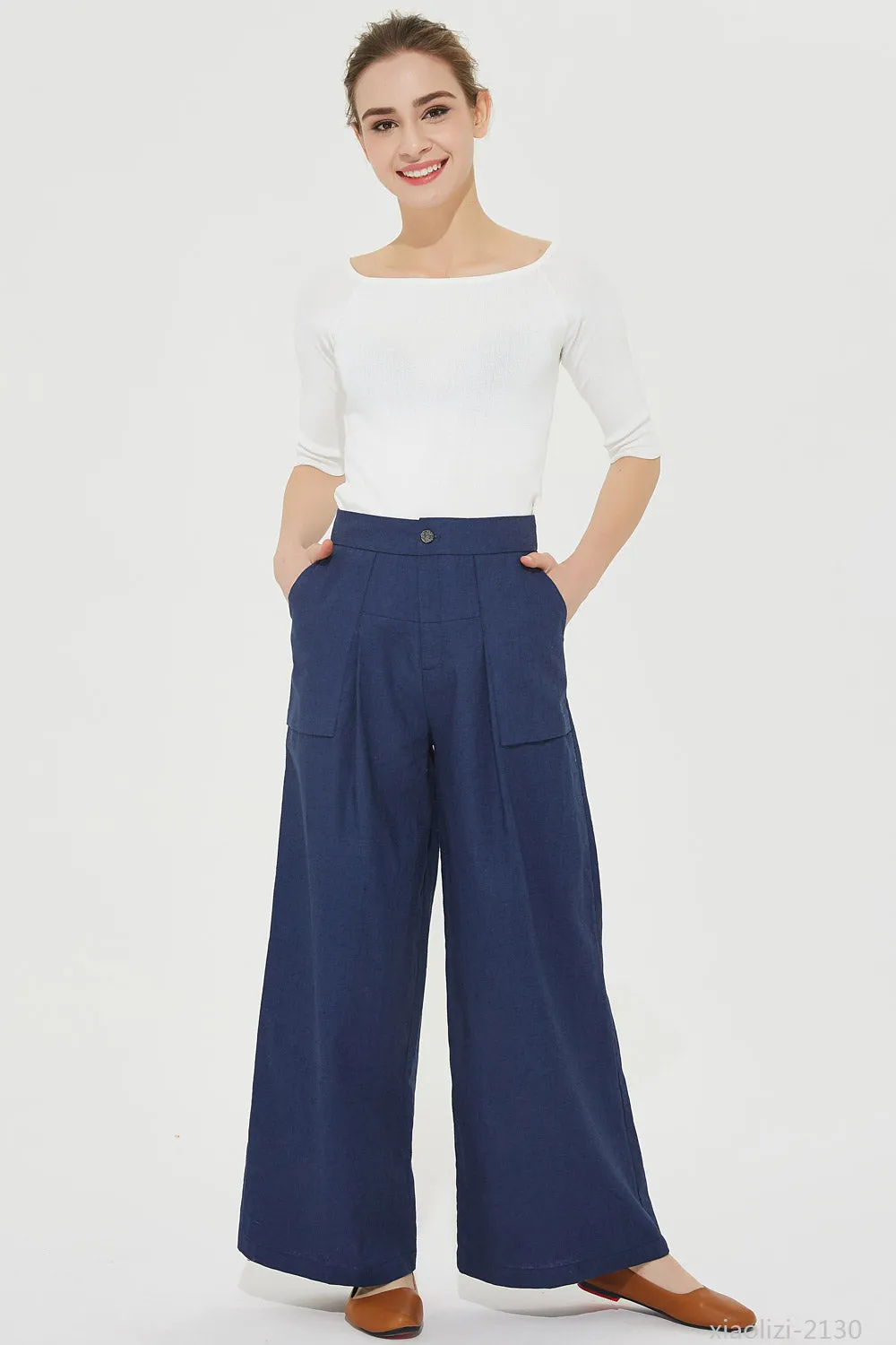 blue wide leg linen pant, palazzo linen pant 2130#