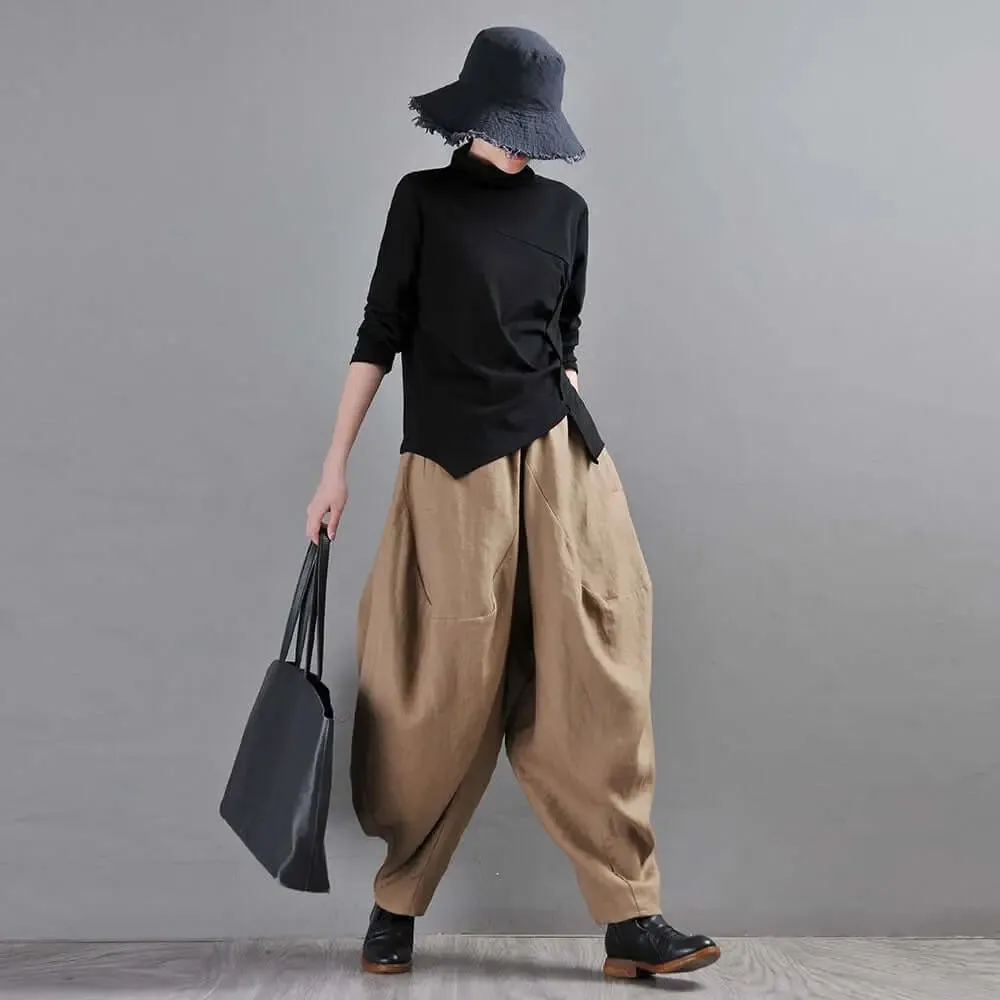 Bohemian Black Linen Harem Pants for Women