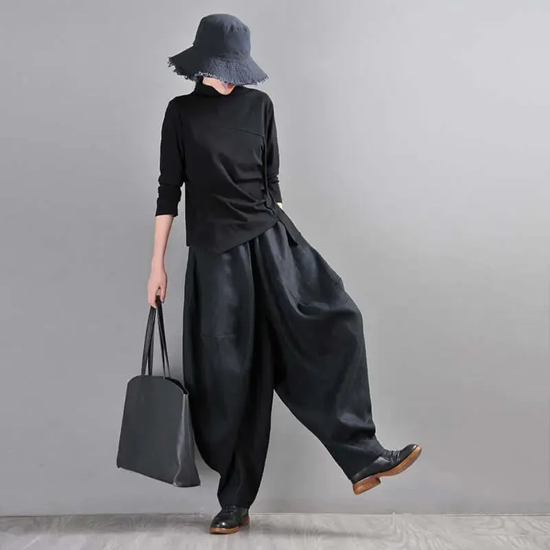 Bohemian Black Linen Harem Pants for Women