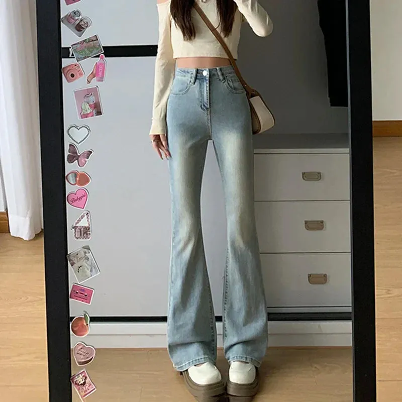 Bonnyshow Women Flare Stretch Moustache Jeans Fashion Skinny Bell Bottom High Waist Gray Denim Pants Lady Classic Y2K Punk Long Trousers