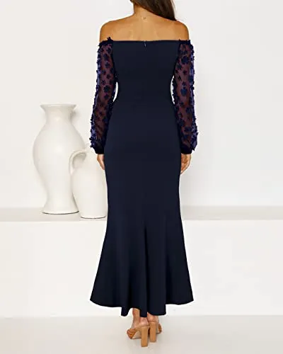 BTFBM Women Elegant Off Shoulder Dresses Sheer Long Sleeve Mesh Ruched Wrap Split Bodycon Maxi Cocktail Wedding Guest Dress(Solid Navy, X-Large)