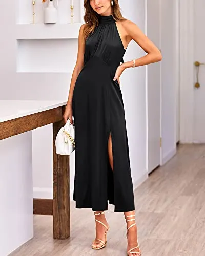 BTFBM Women Elegant Sleeveless Summer Dresses 2023 Halter Neck Backless Satin Dresses Split Solid Color Cocktail Maxi Dress（Solid Black,Small