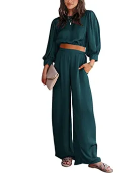 BTFBM Women's 2 Piece Lounge Set Satin Outfits 2023 Spring Casual Long Puff Sleeve Crop Tops Loose Wide Long Palazzo Pants（Solid Blue Green,Medium