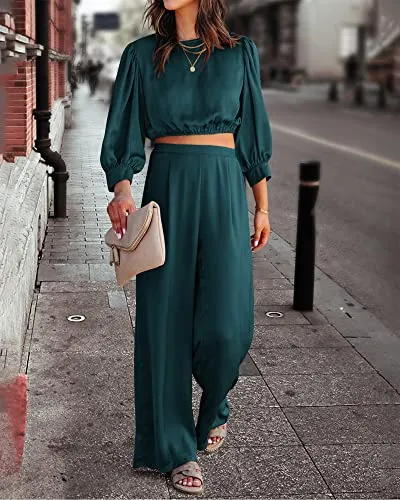 BTFBM Women's 2 Piece Lounge Set Satin Outfits 2023 Spring Casual Long Puff Sleeve Crop Tops Loose Wide Long Palazzo Pants（Solid Blue Green,Medium