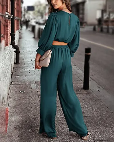 BTFBM Women's 2 Piece Lounge Set Satin Outfits 2023 Spring Casual Long Puff Sleeve Crop Tops Loose Wide Long Palazzo Pants（Solid Blue Green,Medium