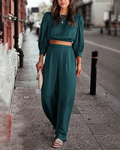 BTFBM Women's 2 Piece Lounge Set Satin Outfits 2023 Spring Casual Long Puff Sleeve Crop Tops Loose Wide Long Palazzo Pants（Solid Blue Green,Medium