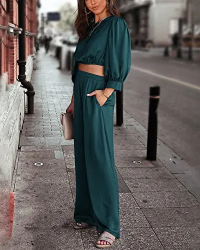 BTFBM Women's 2 Piece Lounge Set Satin Outfits 2023 Spring Casual Long Puff Sleeve Crop Tops Loose Wide Long Palazzo Pants（Solid Blue Green,Medium