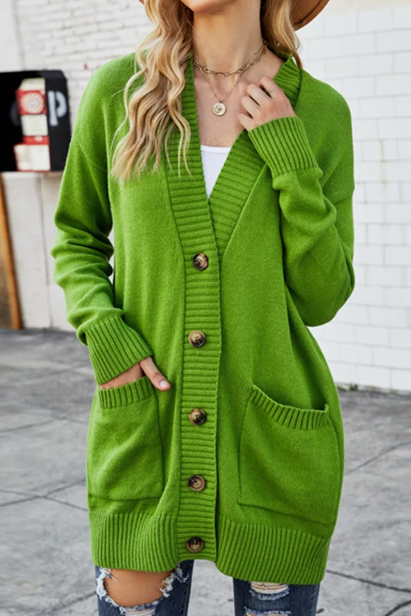 BUTTON CLOSURE RIBBED KNIT CARDIGAN WITH POCKETS