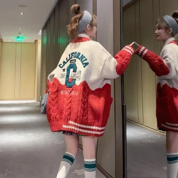 California Cheerleader Cardigan Women's Cardigan Embroidery Patchwork Sweater Jacket Kawaii Cute Girls Cardigan