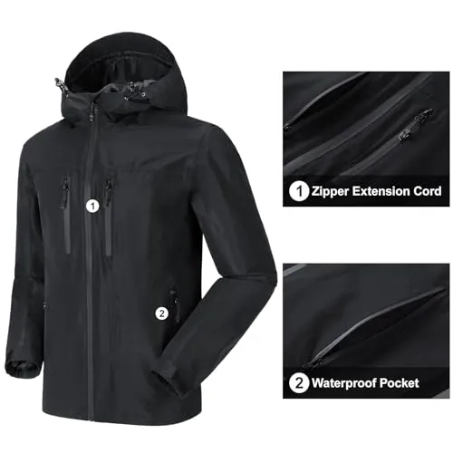 CAMEL CROWN Men's Waterproof Shell Jacket Windbreaker Hooded Rain Coat for Outdoor Hiking Climbing Traveling Black S