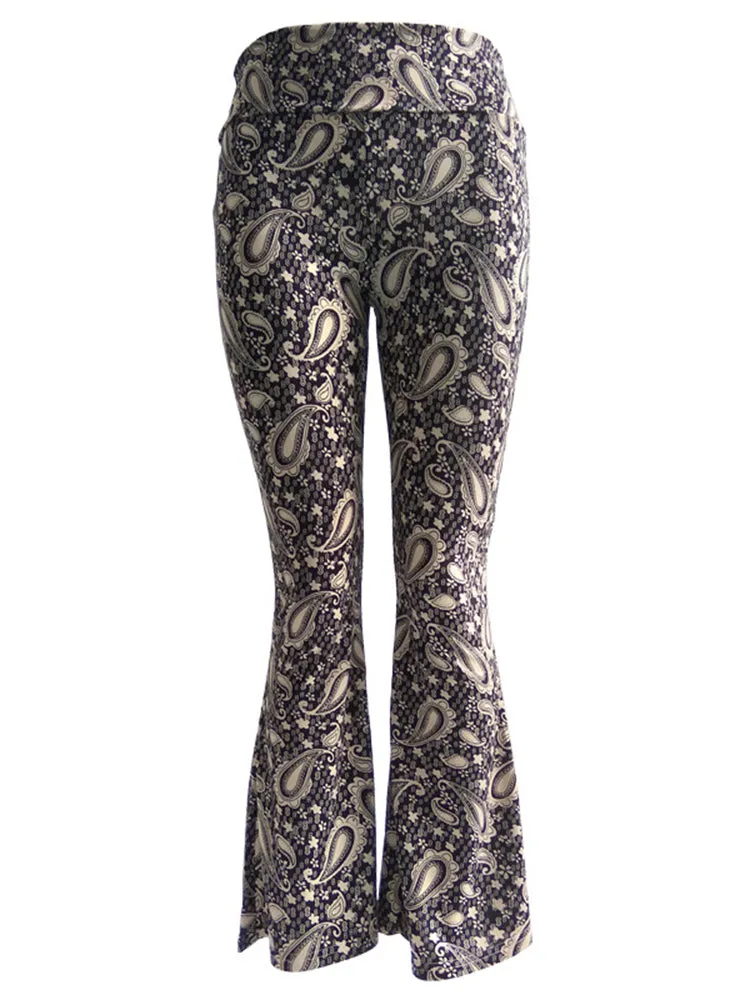 Casual Multi-color Printed Stretch Waist Women Flare Pants