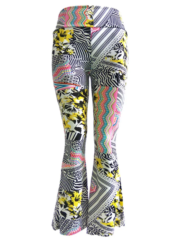 Casual Multi-color Printed Stretch Waist Women Flare Pants