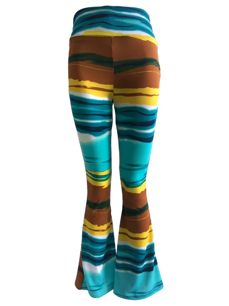 Casual Multi-color Printed Stretch Waist Women Flare Pants