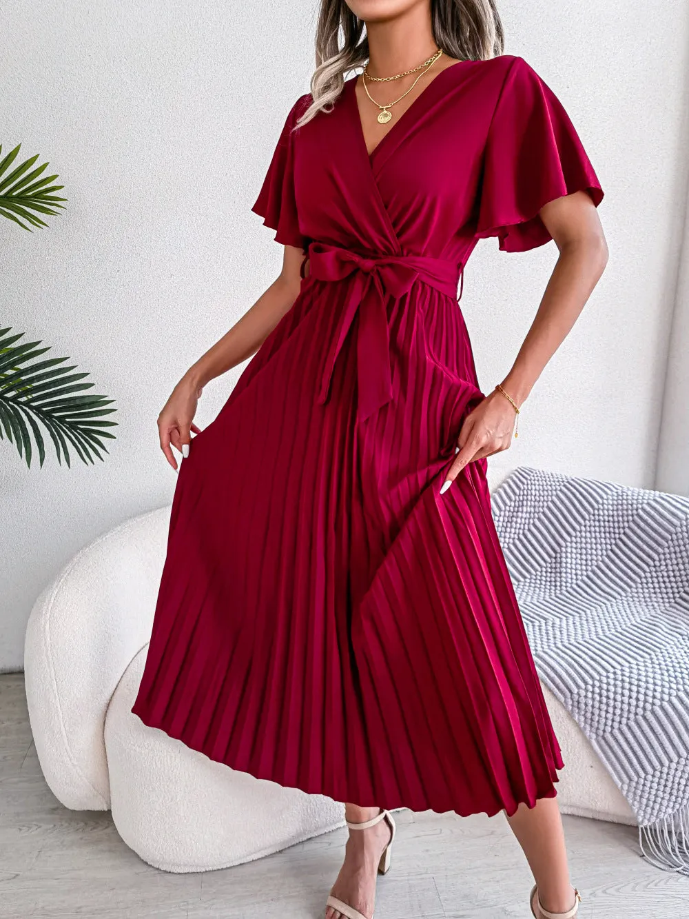 Casual Short Sleeve V-Neck Pleated A Line Flowy Dresses