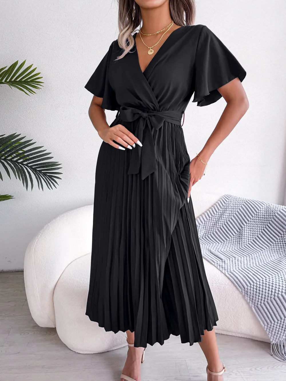 Casual Short Sleeve V-Neck Pleated A Line Flowy Dresses