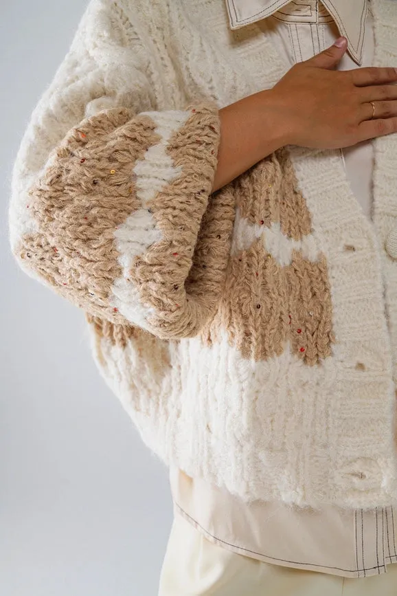 Chunky Knit Striped Cardigan with Sequin Details in Cream