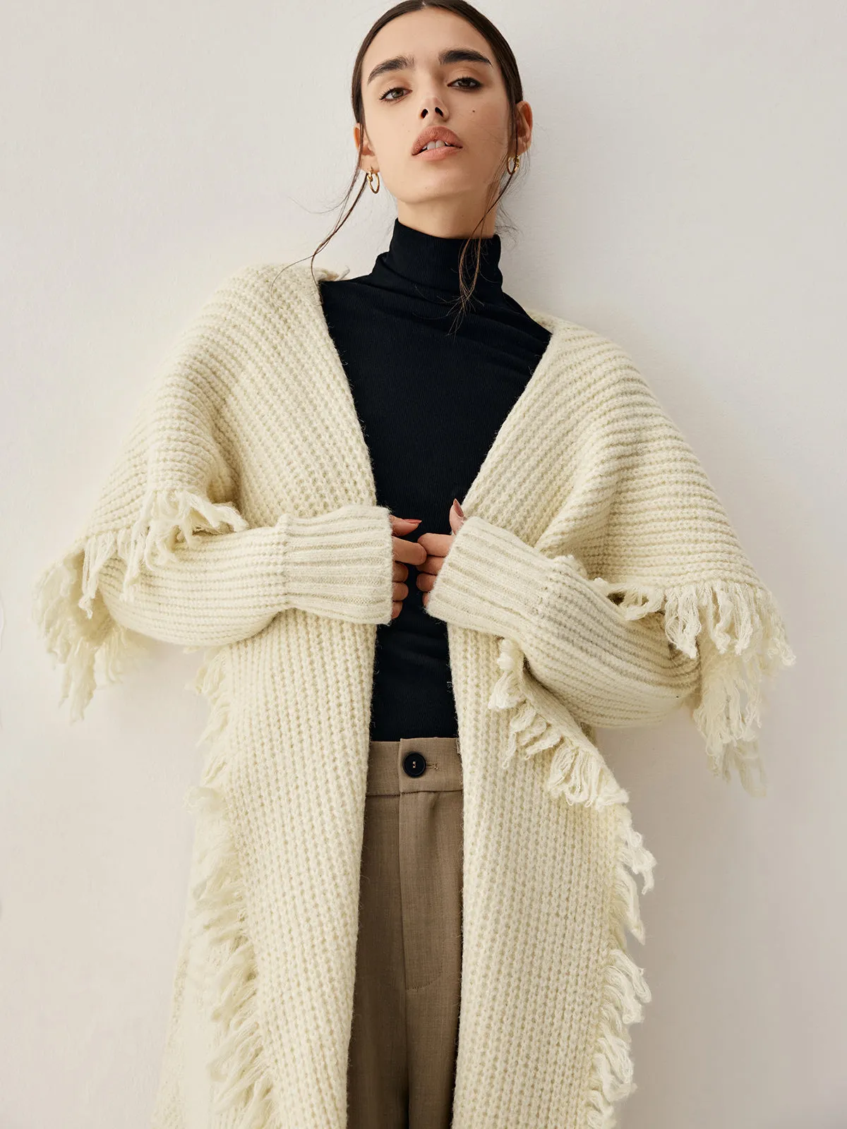 Chunky Knit Tassel Trendy Hem Poncho Cardigan