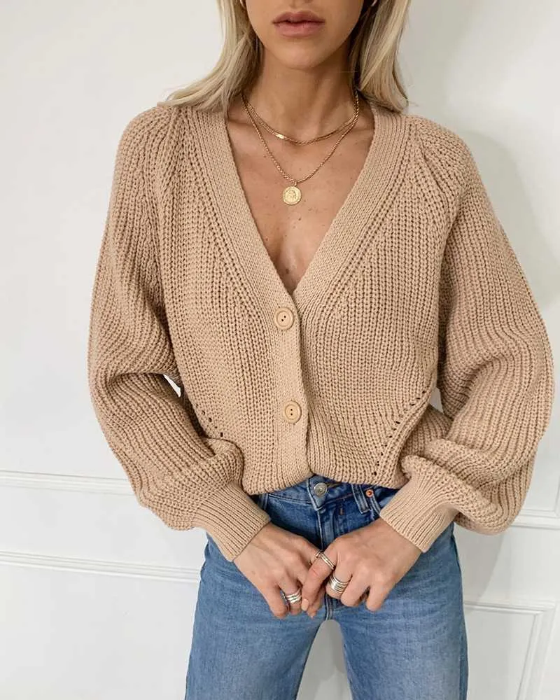 Chunky Oversized Big V Neck Button Up College Sweater For Women