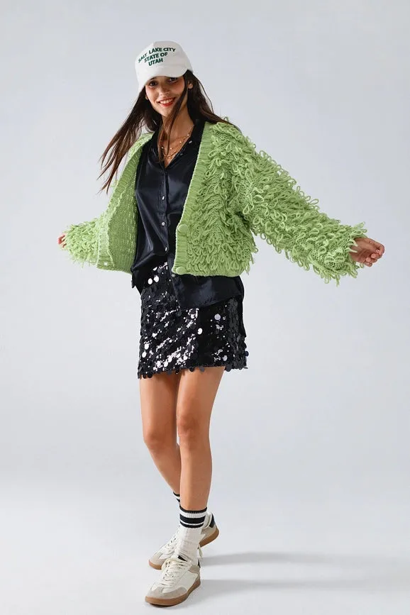 Chunky Textured Cardigan in Green with Long Fringe