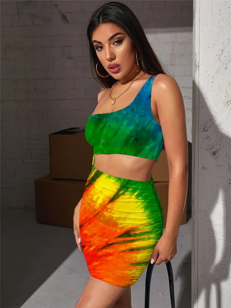 Colorful Dress Women Dizziness Bodycon Dress Tie Dye Hollow out Dresses Harajuku Halter Sleeveless