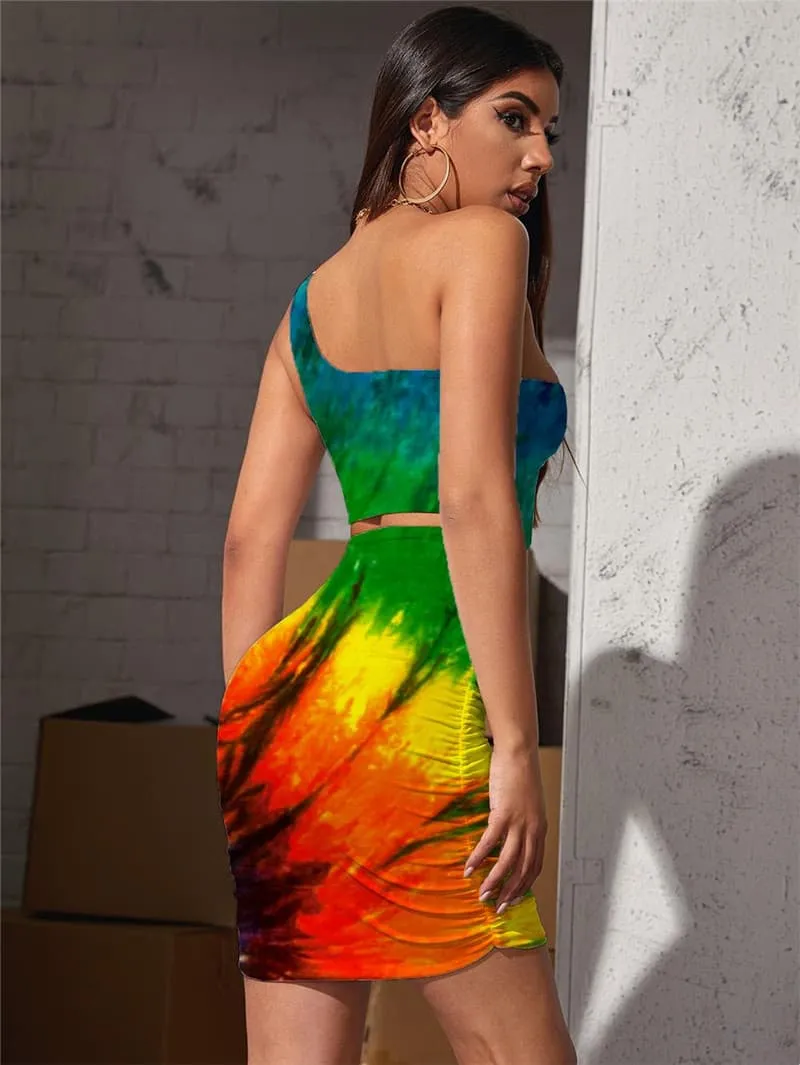 Colorful Dress Women Dizziness Bodycon Dress Tie Dye Hollow out Dresses Harajuku Halter Sleeveless