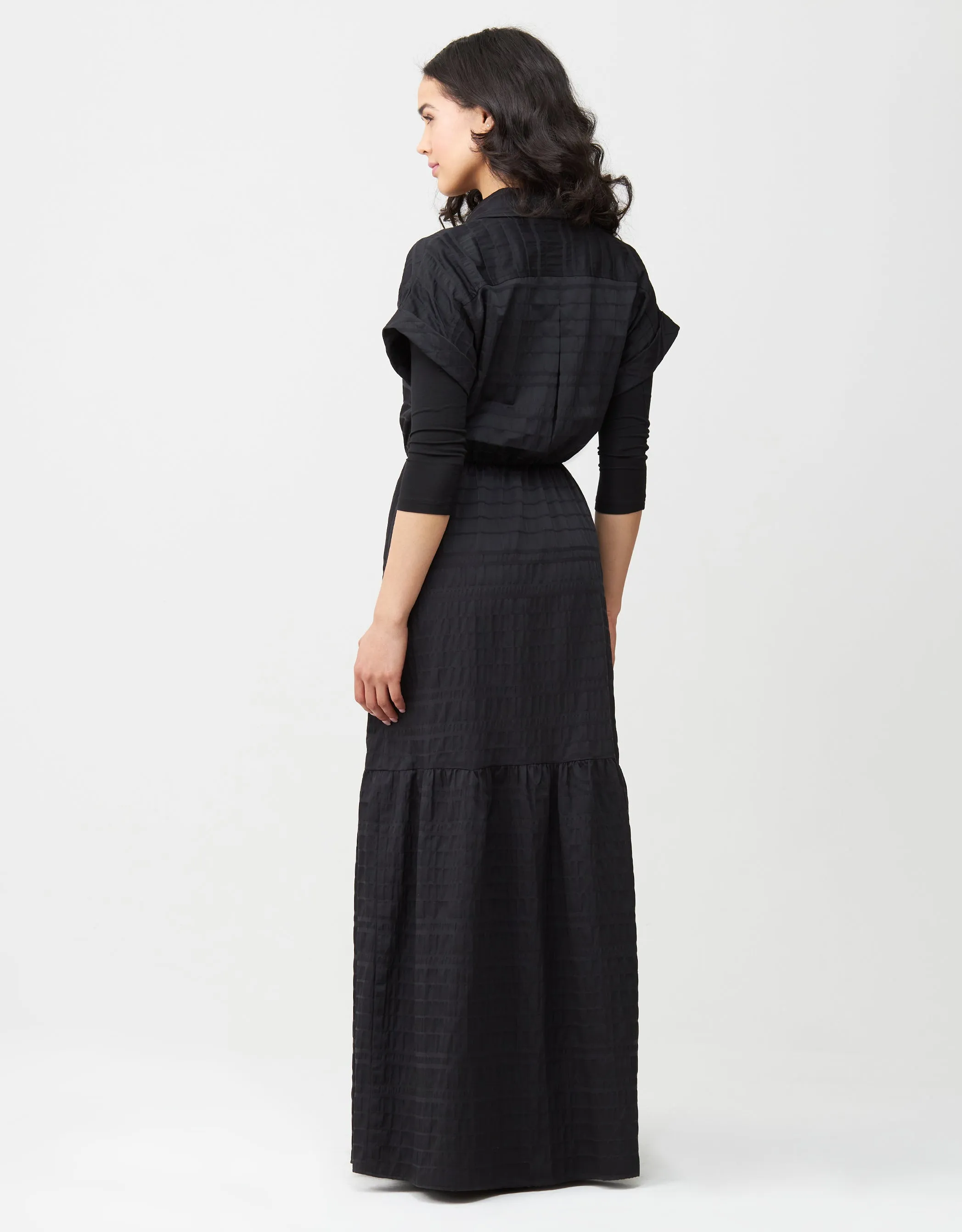 Cotton Seersucker Tiered Shirtdress Maxi Dress Shabbos Robe Black