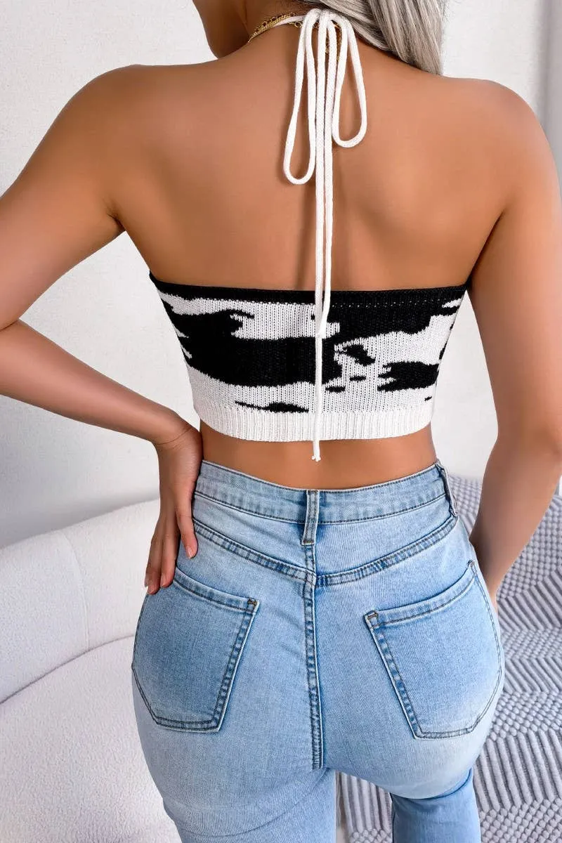 COW PRINT WAIST HALTER CROP KNIT TOP_CWTHT0028