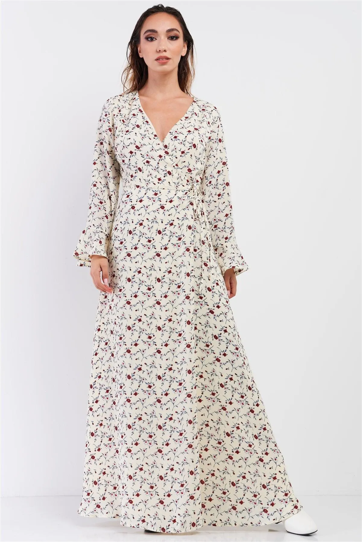 Cream Multi Floral Print Wrap Self-Tie Waist Long Sleeve Flare Hem Maxi Dress /1-2-2-1